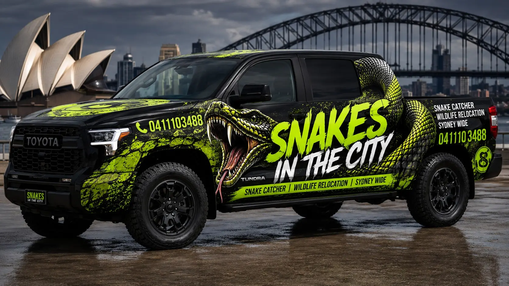 Snakes in the City branded response vehicle with Sydney Harbour in the background